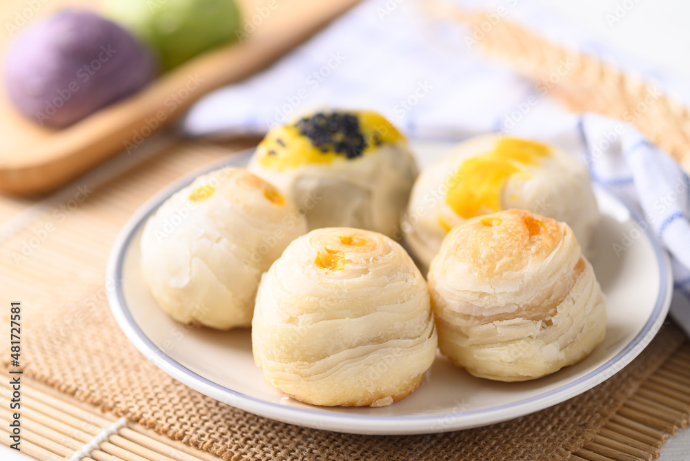 Chinese pastry stuffed with many sweet such as mung bean, egg yolk or custard