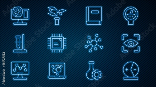 Set line Atom, Eye scan, Science book, Processor CPU, Test tube flask on stand, Genetic engineering, Molecule and Plant breeding icon. Vector