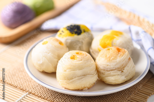 Fotografering Chinese pastry stuffed with many sweet such as mung bean, egg yolk or custard