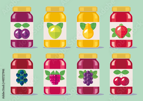 Set of garden fruit jam in labeled jars isolated. Modern packaging of traditional garden fruits in glassware with labels. Vectro illistration, flat simbol, icon, logo, object