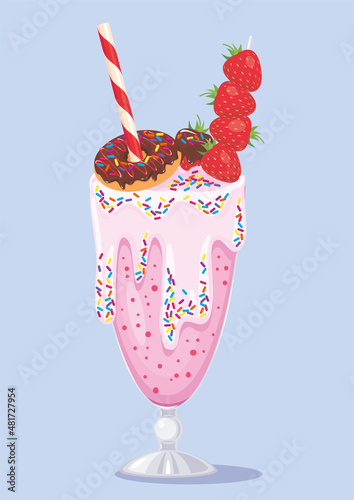 Strawberry ice cream decorated with confectionery, berries, donut in glass. Delisious strawberry milkshake beautifully decorated with sweets. Summer refreshment, gourmet dessert. Isolated object, icon