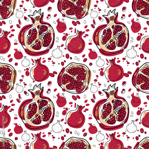 Tropical seamless pattern with red pomegranates