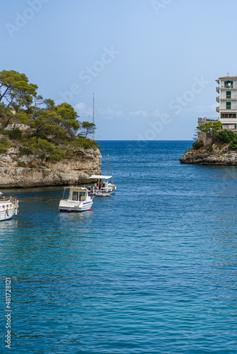Landscape of Spain Island Mallorca Cala Figuera, fishermans marine bay with boats in sea port in summertime 