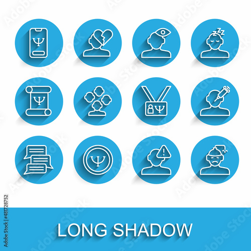 Set line Online psychological counseling, Psychology, Finding problem psychology, Concussion, headache, Schizophrenia, Addiction to the drug and icon. Vector