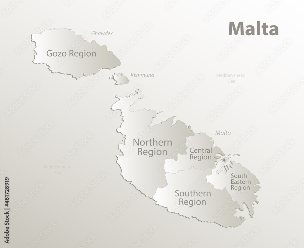 Malta map, Current regions, separates regions and names, card paper 3D natural vector