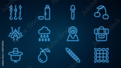 Set line Checkered napkin, Hiking backpack, Spoon, Cloud with rain, Mosquito, Grilled shish kebab skewer, Picnic location and Thermos container icon. Vector