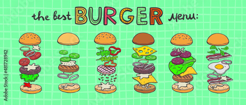 Burger ingredient. Hamburger and cheeseburger ingredient big vector set. Sliced veggies, bun, cutlet, fried egg, lettuce, bacon, cheese, sauce illustration. Fastfood cooking and burger preparation