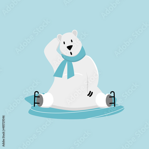 Polar bear ice skating training. Funny cartoon winter sport mascot