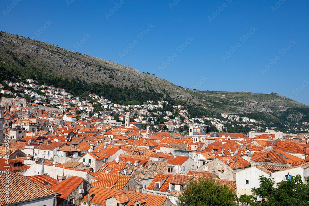 Famous orange roofs of the old and new parts of Dubrovnik, Croatia