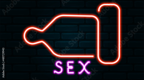 Red condom neon sign against a brick wall. Sex glowing inscription. Vector illustration of a night signboard with contraceptives, health protection from venereal diseases.
