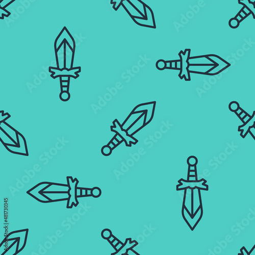 Black line Medieval sword icon isolated seamless pattern on green background. Medieval weapon. Vector