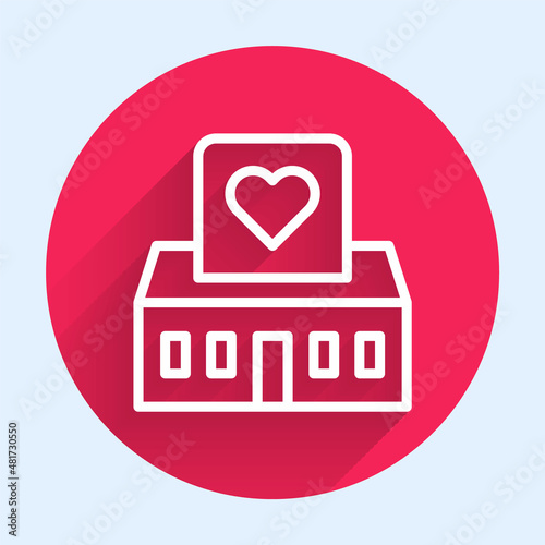 White line Volunteer center icon isolated with long shadow. Red circle button. Vector