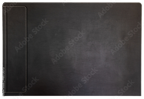 A black leather desk pad offers a smooth and elegant surface background for working and protects a desk from dirt and scratches.
