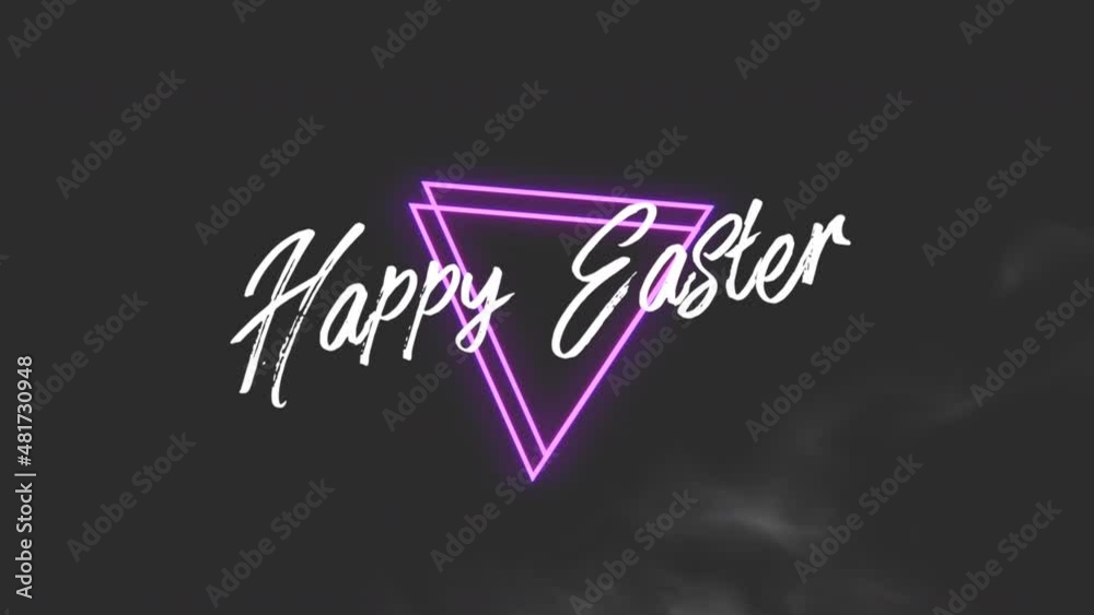 Happy Easter with neon purple triangles and smoke, motion holidays and promo style background Happy Easter with neon purple triangles and smoke, motion holidays and promo style background