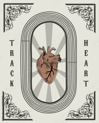 illustration vector graphic of heart and track,vintage athletic design,perfect for shirt,print,background.