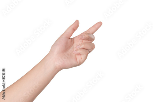 Woman hand showing isolated on white background.