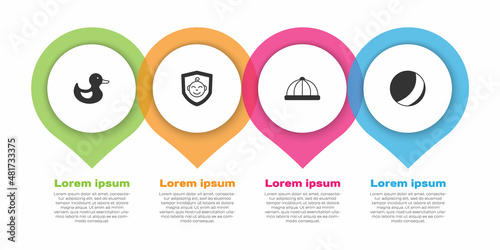 Set Rubber duck, Baby on shield, hat and Beach ball. Business infographic template. Vector