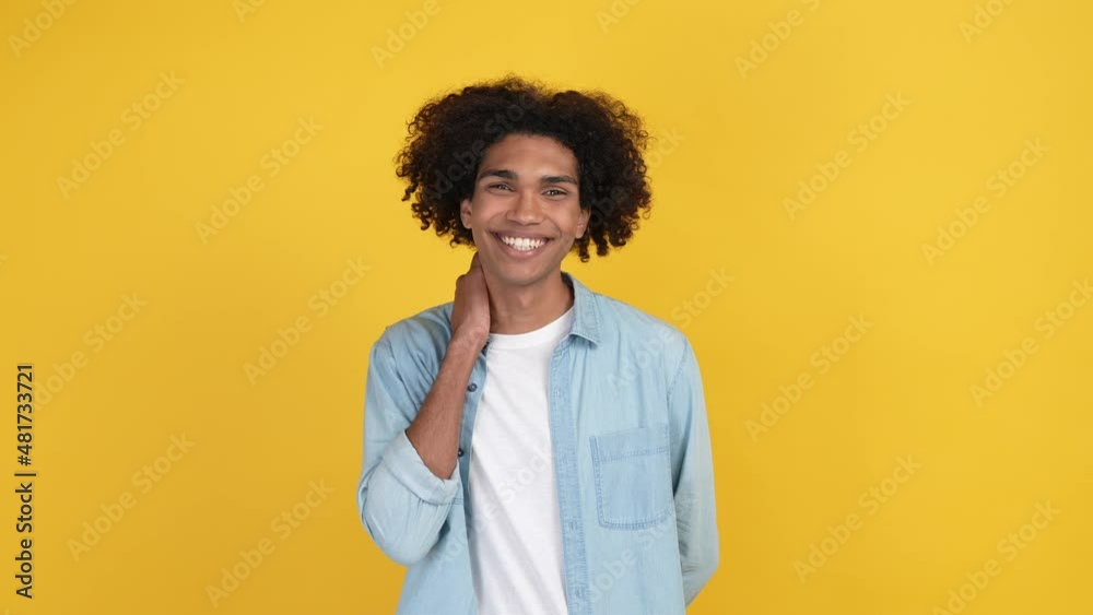 Glad guy beaming smiling in camera isolated shine color background