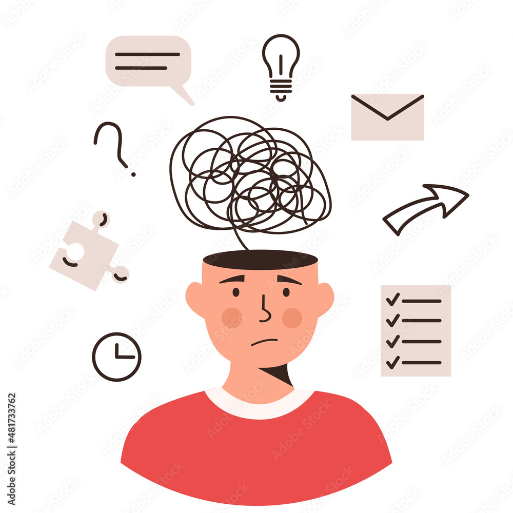 Human head with many thoughts, task and ideas. Child or adult with ADHD syndrome. Attention deficit hyperactivity disorder. Mental health, psychology concept. Vector flat style illustration. - obrazy, fototapety, plakaty 