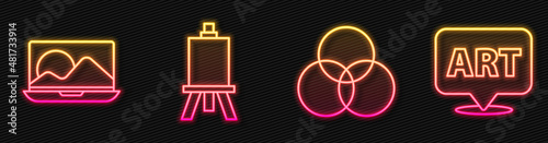 Set line RGB and CMYK color mixing, Laptop, Easel or painting art boards and Speech bubble with text art. Glowing neon icon. Vector