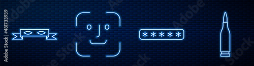 Set line Password protection, Thief eye mask, Face recognition and Bullet. Glowing neon icon on brick wall. Vector