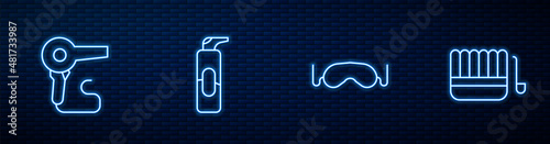 Set line Eye sleep mask, Hair dryer, Spray can for hairspray and Sauna bucket and ladle. Glowing neon icon on brick wall. Vector