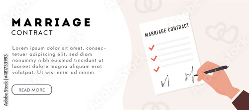 A person hand with pen signing marriage contract. Prenup signed certificate banner template. Prenuptial agreement form with check marks and signatures. Divorce document. Vector flat style illustration