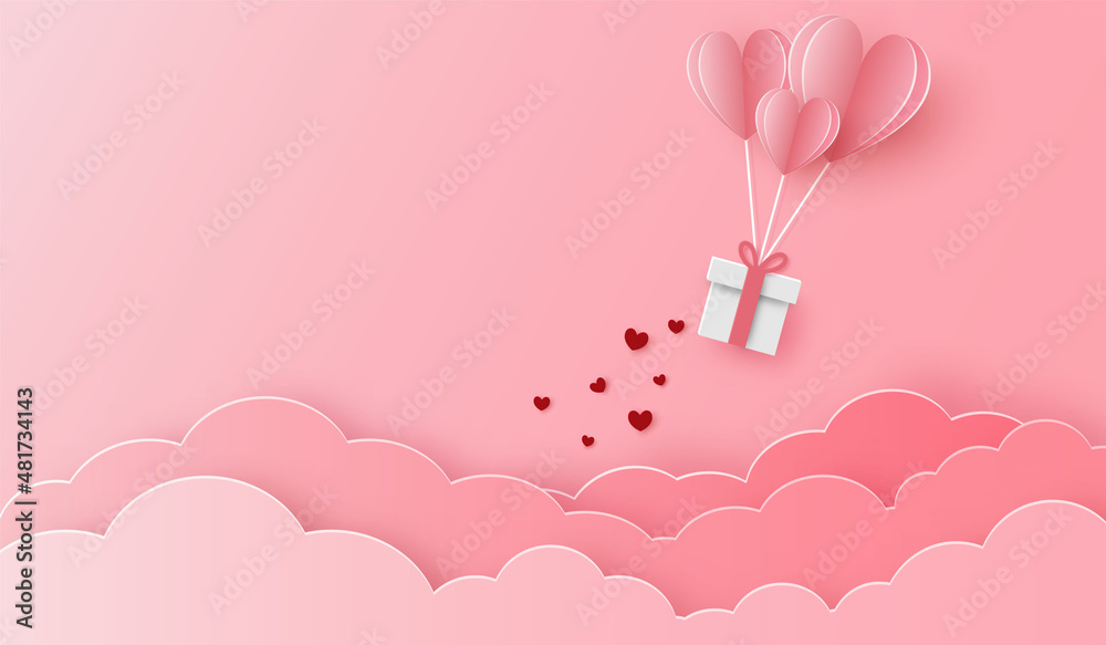 illustration of love and valentine day. paper heart balloon flying on the pink sky. For valentine's day, birthday, invitation, greeting card, posters and wallpaper. Vector illustration.