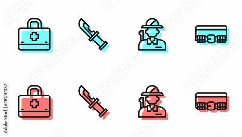Set line Hunter, First aid kit, knife and Hunting cartridge belt icon. Vector