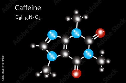 Caffeine molecule structure. Chemical compound. Skeletal formula. Black background. Vector illustration. Stock image. 