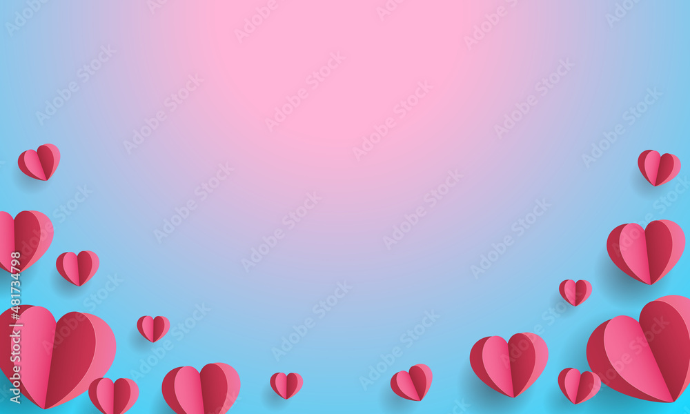 Heart shape origami art on pink blue background, 3D design illustration.