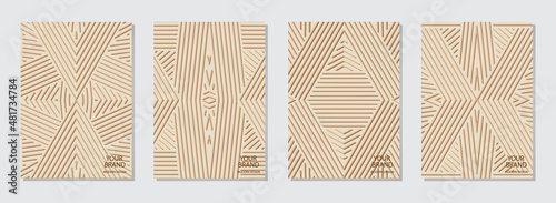 Cover design set, vertical templates. Geometric abstract 3D pattern from lines, collection of embossed beige backgrounds. Ethnic culture of East Indian, Mexican, Aztec peoples.