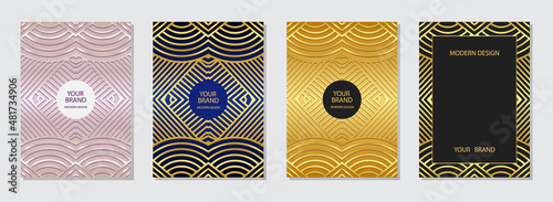 Cover design set, vertical templates. Geometric golden 3D pattern from lines. Collection of embossed luxury backgrounds. Ethnic culture of East Indian, Mexican, Aztec peoples.