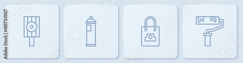 Set line Spray can nozzle cap, , Paint spray and roller brush. White square button. Vector