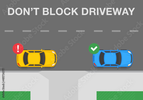 Outdoor parking rules. Correct and incorrect parking. Do not block driveway. Flat vector illustration template.