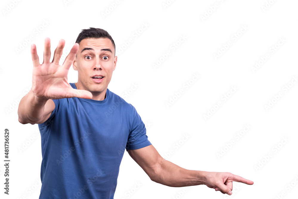 Man gesturing to stand up and pointing one side Man gesturing to stand up and pointing one side