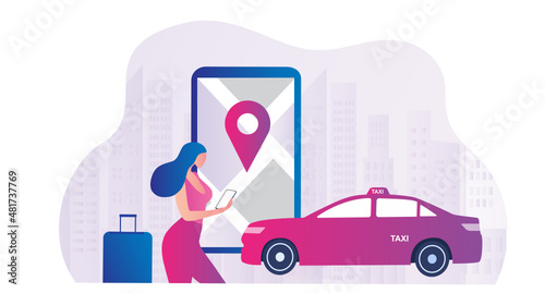 Young woman ordering online taxi car, rent and sharing using service mobile application location map. Online taxi service and transportation technology. 
