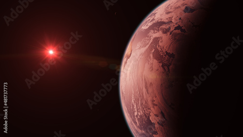 Fototapeta Naklejka Na Ścianę i Meble -  TRAPPIST-1D Alien Livable Habitable Exoplanet Locked Orbiting Cooling Red Dwarf Star in Space with Moons