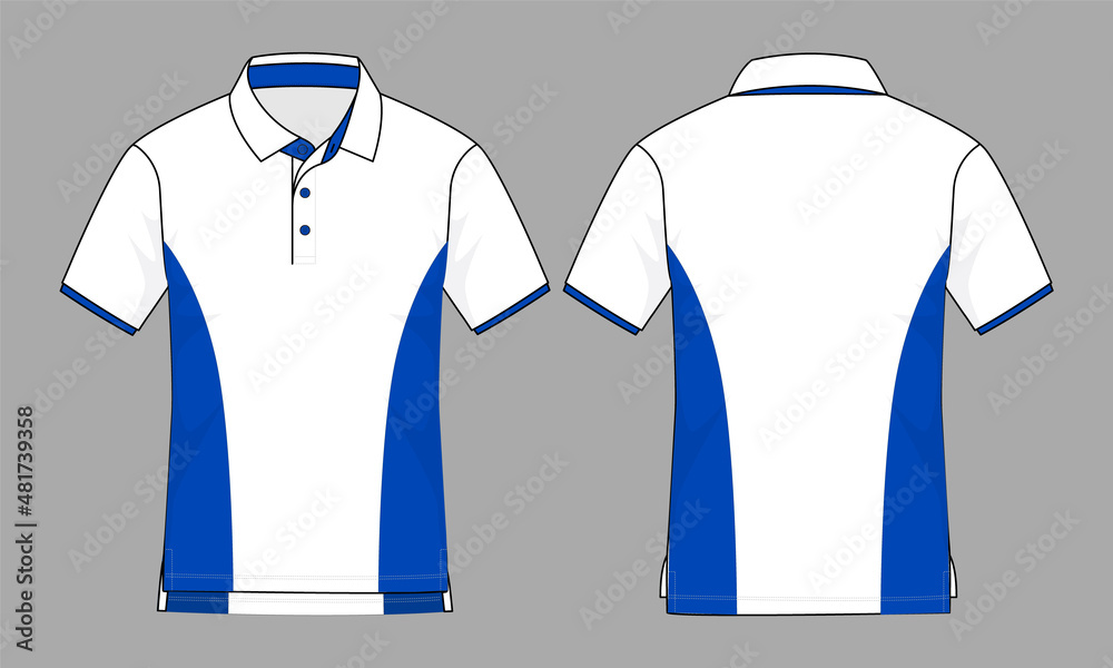 White-Blue Short Sleeve Polo Shirt With Short Front-Long Back Hem Design on Gray Background ...