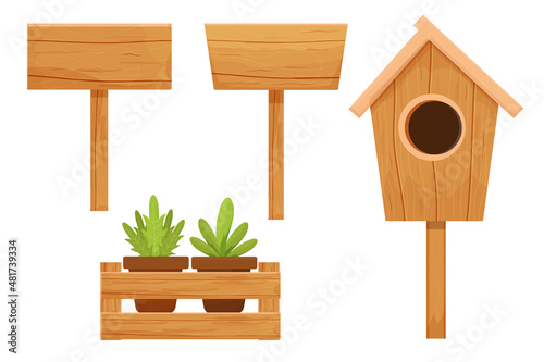 Set wooden birdhouse, empty billboard, sign and wooden box with flowerpots isolated on white background. Textured, detailed objects, seasonal decoration, beige elegant color in cartoon style.