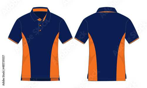 Navy-Orange Short Sleeve Polo Shirt With Short Front-Long Back Hem Design on White Background, Front and Back View, Vector File.