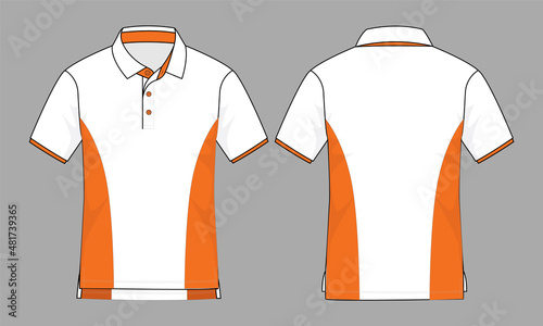 White-Orange Short Sleeve Polo Shirt With Short Front-Long Back Hem Design on Gray Background, Front and Back View, Vector File.