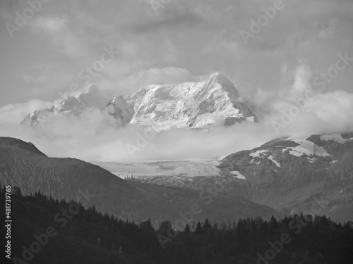 Black and white image of majestic snow capped mountains in Juneau, Alaska