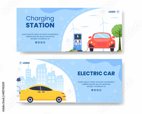 Charging Electric Car Batteries Banner Template Flat Illustration Editable of Square Background Suitable for Social Media or Web Internet Ads