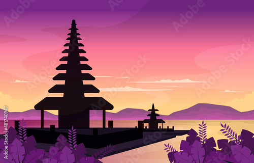 Sea Mountain Temple Beratan Lake Bedugul Bali Landscape View Illustration