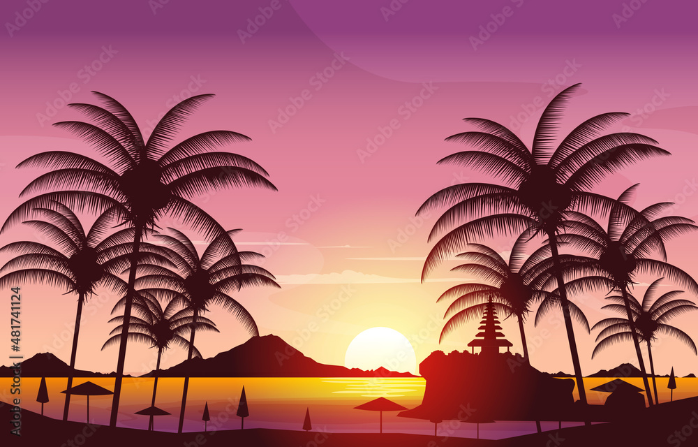 Beautiful Sunset Tanah Lot Beach Bali Cliff Landscape View Illustration