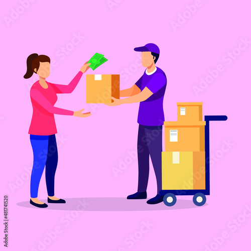 Delivery man gets money from woman for  a package. Delivery service. Cash on delivery. Vector colorful illustration.