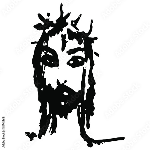 Head of Jesus Christ in thorn crown. Male portrait. Hand drawn linear doodle rough sketch. Black silhouette on white background.