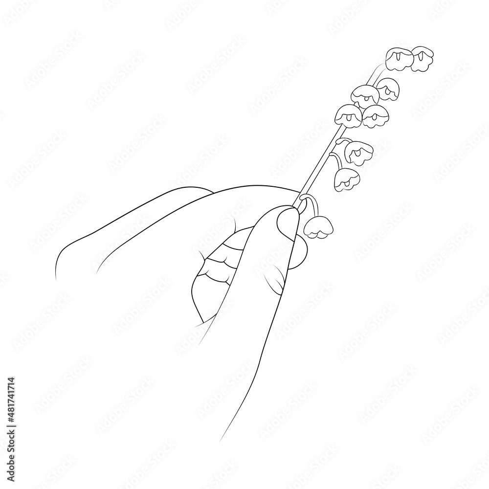 Hand holds lily of the valley. Illustration for greeting cards, posters, stickers and seasonal design. Hand holds lily of the valley. Illustration for greeting cards, posters, stickers and seasonal design.