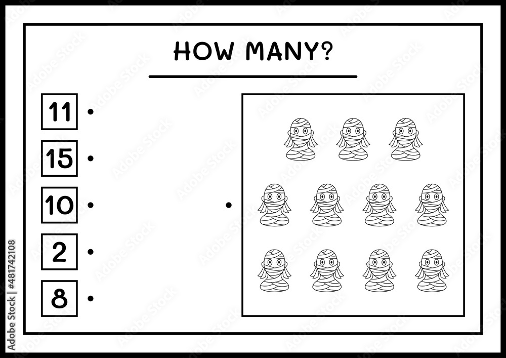 How many Mummy, game for children. Vector illustration, printable worksheet How many Mummy, game for children. Vector illustration, printable worksheet